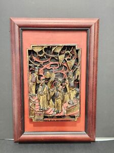 Antique Oriental Asian Chinese Wood Relief Carved Gilded Screen Panel Plaque 5