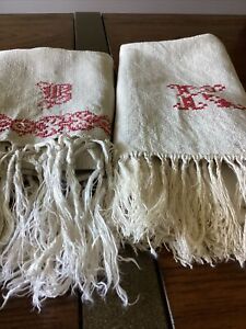 2 Antique Textile Bath Flax Linen Towels Turkey Red Mono Fringe 1850 1899