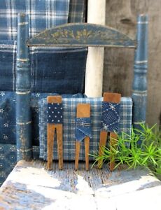 3 Handmade Antique Wood Clothespins Wrapped In 1890s Blue Calico