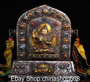 9 6 Old China Copper Inlay Gem Buddhism Hand Sword Guanyin Buddha Gawu Box