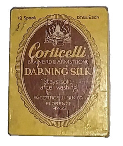 Corticelli Kitty Cat Darning Silk Antique Box Sewing Mending Thread 12 Spools