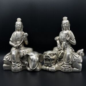 6 7 China Paktong Carvd Buddhism Manjusri Samantabhadra Bodhisattva Statue Pair