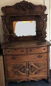 Antique Early 1900s Solid Oak 3 Drawer 2 Cabinet Dresser W Carved Ornate Finish