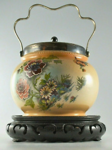 English Biscuit Jar W Silverplate Handle Lid Asian Floral Pagoda Bird Butterfly