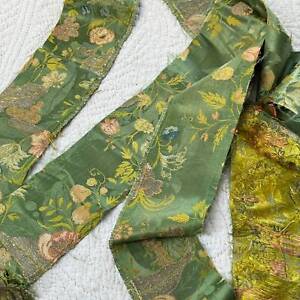 2 Pieces 1700 S 18th Century French Silk Brocade Antique Fabric Green Metallic