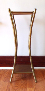 Hollywood Regency Brass Bamboo Plant Stand Mcm Side Table Wood Vintage