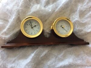 Weems Plath Antique Brass Clock And Barometer Set In Dark Wood Tested Working