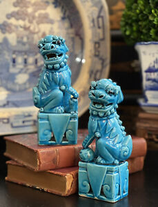 Noble Turquoise Mcm Chinoiserie Imperial Qilin Foo Dog Dragon Mantle Pair 6 5 