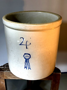 Vtg Stoneware Crock Blue Ribbon Brand 4 Gallon Macomb Il Buckeye Pottery 12a 