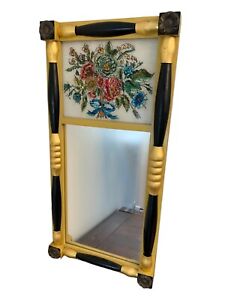 Antique Federal Split Column Reverse Painted Flower Floral Black Gold Mirror 24 