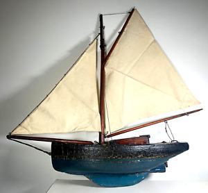 Vtg Antique Wood Pond Model Sail Boat Yacht Old Primitive Folk Art Handmade