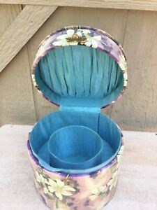 Victorian Antique Celluloid Collar Box Silk Lined Floral Round 6 3 4 X 5 5 8 T