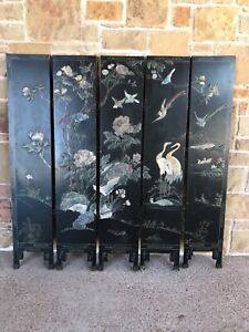Asian Antique 5 Panel Screen Soapstone Carved Birds Flowers Leaves 5 Wx5 3 H