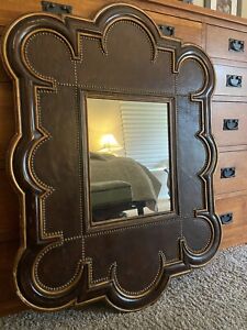 Vintage Baker Furniture Country Style Wall Mirror Wood Leather And Studs 