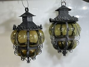 2 Green Chandelier Murano Pendant Bubbled Glass Lamp Caged Tea Light Swag Lamps