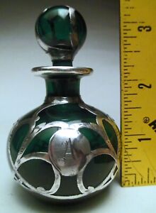 Antique Victorian Art Nouveau Sterling Silver Overlay Emerald Green Perfume