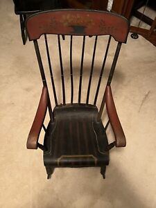 Hand Painted Spindles Antique Wooden Rocking Chair Americana 19th Century