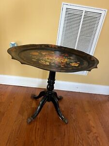 Vintage English Regency Style Hand Painted Tole Tray Tilt Top Table