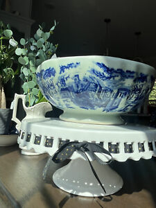 Victoria Ware Ironstone Flow Blue Pedestal Dish Bowl Compote 5 D 11 W