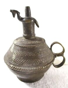 Antique India Dhokra Oil Lamp W Animal Figure Cover Complete Odisha