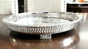 Vintage Wm Rogers Round Silverplate Footed Scroll Gallery 15 Serving Tray