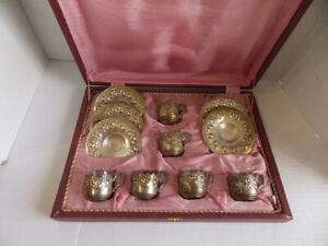 Antique Ottoman Empire Silver Plated Coffee Set In Box