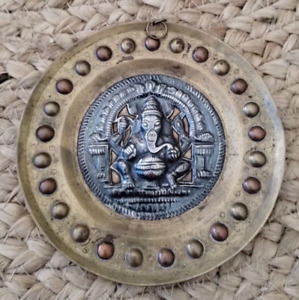 Antique Old Hand Made God Ganesh Brass Silver Wall Hanging Tray Plate 4 