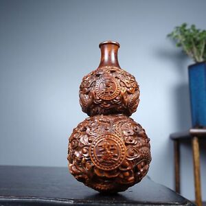 Chinese Antique Boxwood Wood Carving Dragon Wooden Gourd Statue Home Decor Art