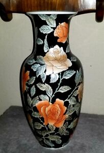 Vintage Chinese Porcelain Vase 12 Inch Black With Orange Roses Wbi