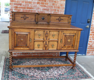 English Antique Oak Jacobean Sideboard Buffet Bar Cabinet