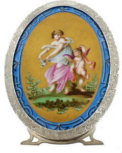 Antique Victorian French Porcelain Portrait Plaque Ornate Sterling Silver Frame