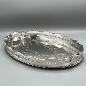 Large Vintage Silver Plated Gallery Butler Serving Tray Scalloped Antique Gnun