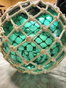 Japanese Large Glass Fishing Float Buoy Ball Roped Net Green Object Vintage 30cm