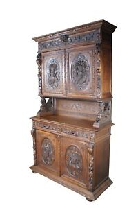 Antique 19th C French Renaissance Revival Carved Oak Hunt Cabinet Hutch Cupboard
