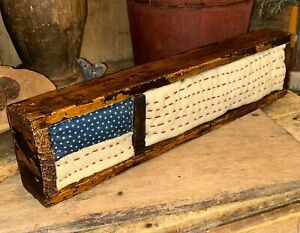 Wooden Box Usa Flag Early Blue Calico W Stars Red Stripes On Linsey Woolsey