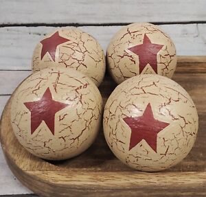 Primitive Crackle Tan Barn Red Stars Wood Balls Set Of 4 Bowl Fillers
