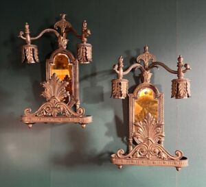 Antique Brass Neoclassical Yellow Mirror Double Arm Electrified Wall Sconces
