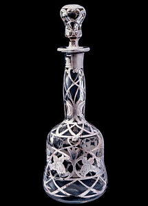 Sterling Silver Floral Overlay Decanter Perfume Cologne Bottle Art Nouveau 8 5 