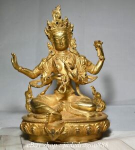 8 4 Tibet Buddhism Marked Copper Gilt Sit Lotus 4 Hand Green Tara Goddess Statue