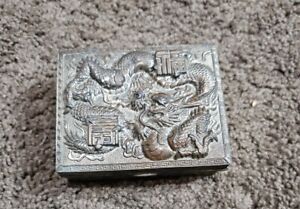 Antique Silver Plated Japanese Treasure Box Relief Sculpted Metal Cedar Wooded
