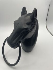 Vtg Cast Iron Horse Head Hitching Post Black With Mouth Ring Garden Fence 8 5 T