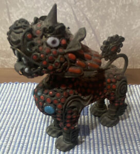 Antique Chinese Stone Coral Encrusted Brass Fu Foo Dog Lion Tibetan Turquoise
