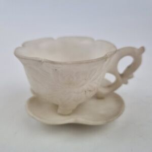 Antique Chinese Carved White Stone Small Cup And Saucer Lotus Flowers