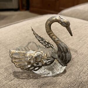 Vintage Crystal Glass Swan Silverplated Head Neck And Wings Salt Cellar
