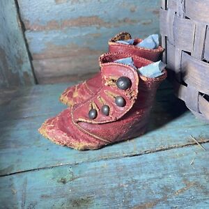 Sweet Little Very Primitive Antique Red Button Up Early Baby Shoes Calico Aafa