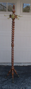 Antique Barley Twist Spiral Maple Wood Clawfeet Coat Hat Rack Hall Tree Stand