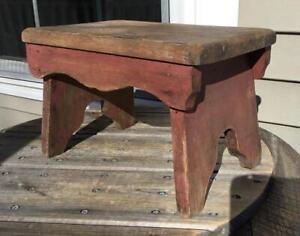 Antique Old Worn Prim Red Paint Wooden Foot Stool Bench Foot Rest Boot Jack Ends