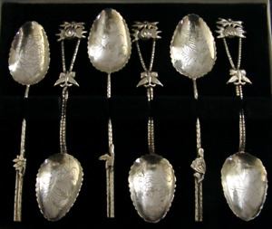Cased Chinese Export Silver Butterfly Flowers Spoons C1920 Cased Antique