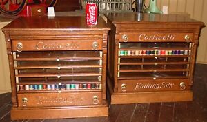 Rare Matched Pair Corticelli 7 Drawer Quartered Oak Spool Thread Cabinets 16074