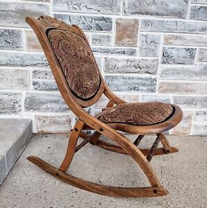 Antique Vintage Victorian Carved Oak Folding Rocking Chair Rocker Restored